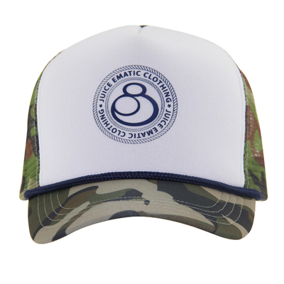 Camuflagem Impressão Padrão Borda e malha Trucker Caps com painel frontal branco