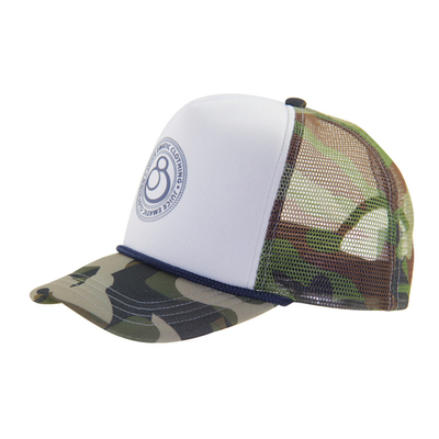Camuflagem Impressão Padrão Borda e malha Trucker Caps com painel frontal branco