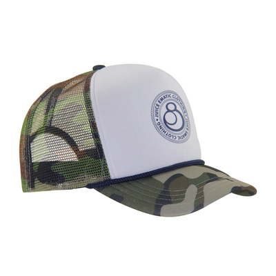 Camuflagem Impressão Padrão Borda e malha Trucker Caps com painel frontal branco