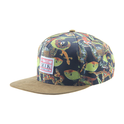 Impressão personalizada Camp Snapback 5 Panel Cap com Visor de camarão / Faixa de couro