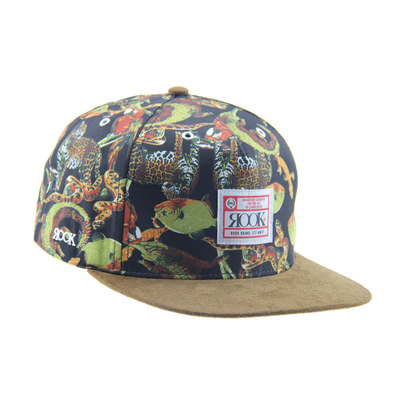 Impressão personalizada Camp Snapback 5 Panel Cap com Visor de camarão / Faixa de couro