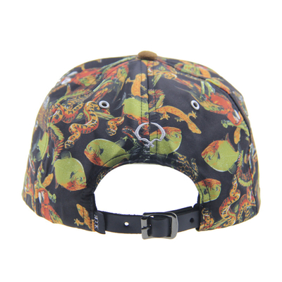 Impressão personalizada Camp Snapback 5 Panel Cap com Visor de camarão / Faixa de couro