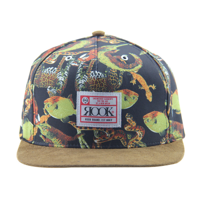 Impressão personalizada Camp Snapback 5 Panel Cap com Visor de camarão / Faixa de couro