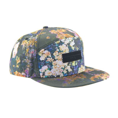 100% poliéster 7 Painel Snapback Custom Camp Hat com logotipo de mancha de couro na frente