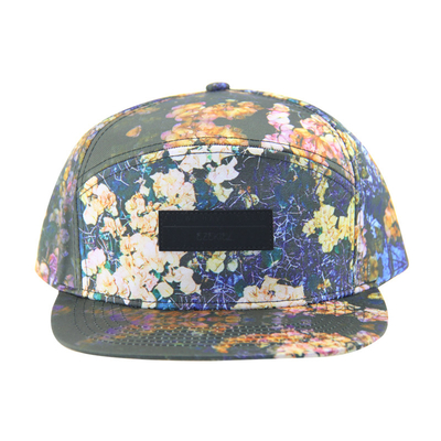 100% poliéster 7 Painel Snapback Custom Camp Hat com logotipo de mancha de couro na frente