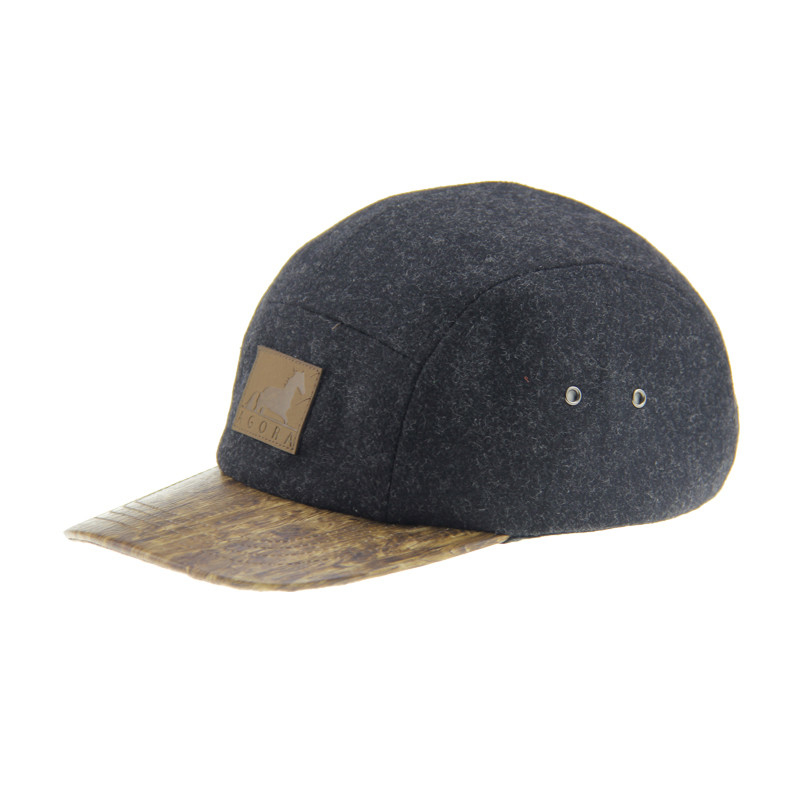 Bamboo PU lã de acampamento Baseball Cap 5 Painel Snapback Chapé com logotipo em relevo de couro